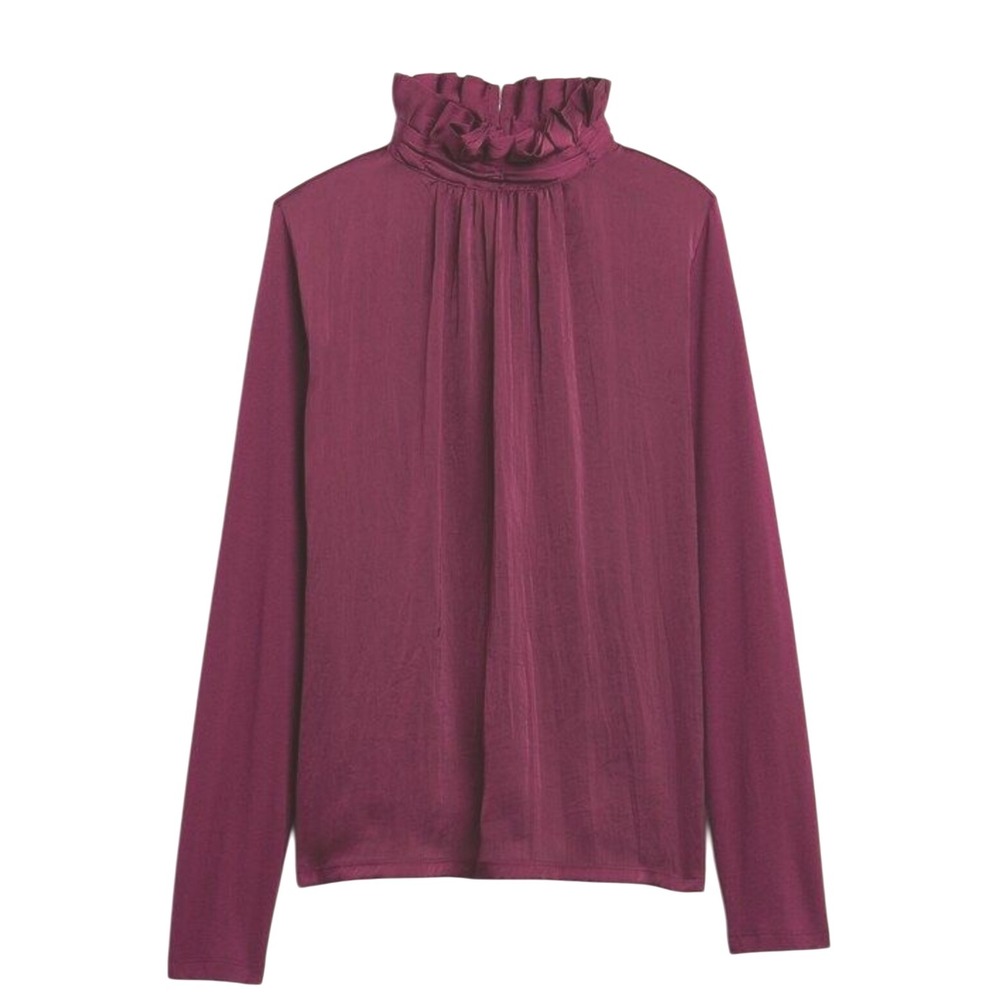 Banana Republic Petite L Burgundy Ruffle Mock Neck Long Sleeve Blouse Top